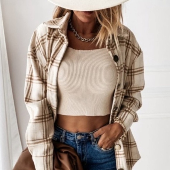 Tops - Beige Plaid Flannel Oversized Shacket Shirt Jacket